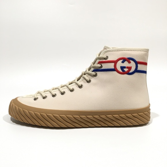 GUCCI INTERLOCKING G HIGH TOP SNEAKERS -WHITE CANVAS -MEN’S US 9.5 -NEW - Picture 4 of 10